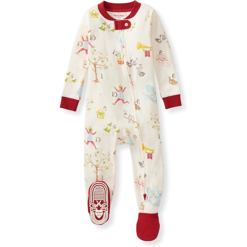 imageBurts Bees Baby Baby Girls Sleeper Pajamas 100 Organic Cotton Onepiece PJs Diagonal Zip Up Jumpsuit Snug Fit Footie12 Days of Christmas