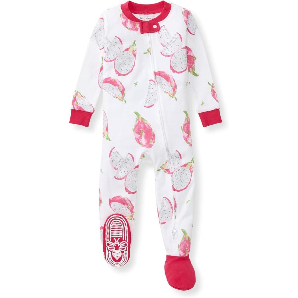 imageBurts Bees Baby Baby Girls Sleeper Pajamas 100 Organic Cotton Onepiece PJs Diagonal Zip Up Jumpsuit Snug Fit FootieDragon Fruit
