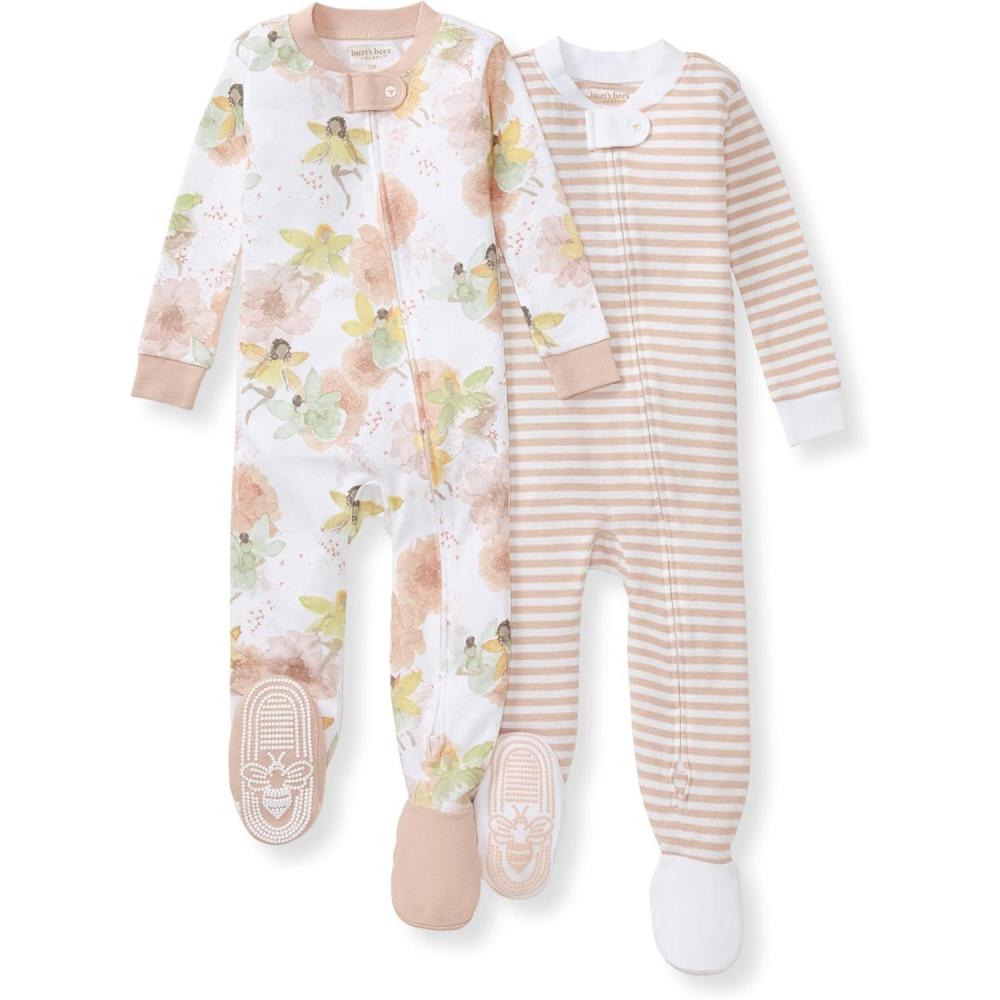 imageBurts Bees Baby Baby Girls Sleeper Pajamas 100 Organic Cotton Onepiece PJs Diagonal Zip Up Jumpsuit Snug Fit FootieFairy Floral