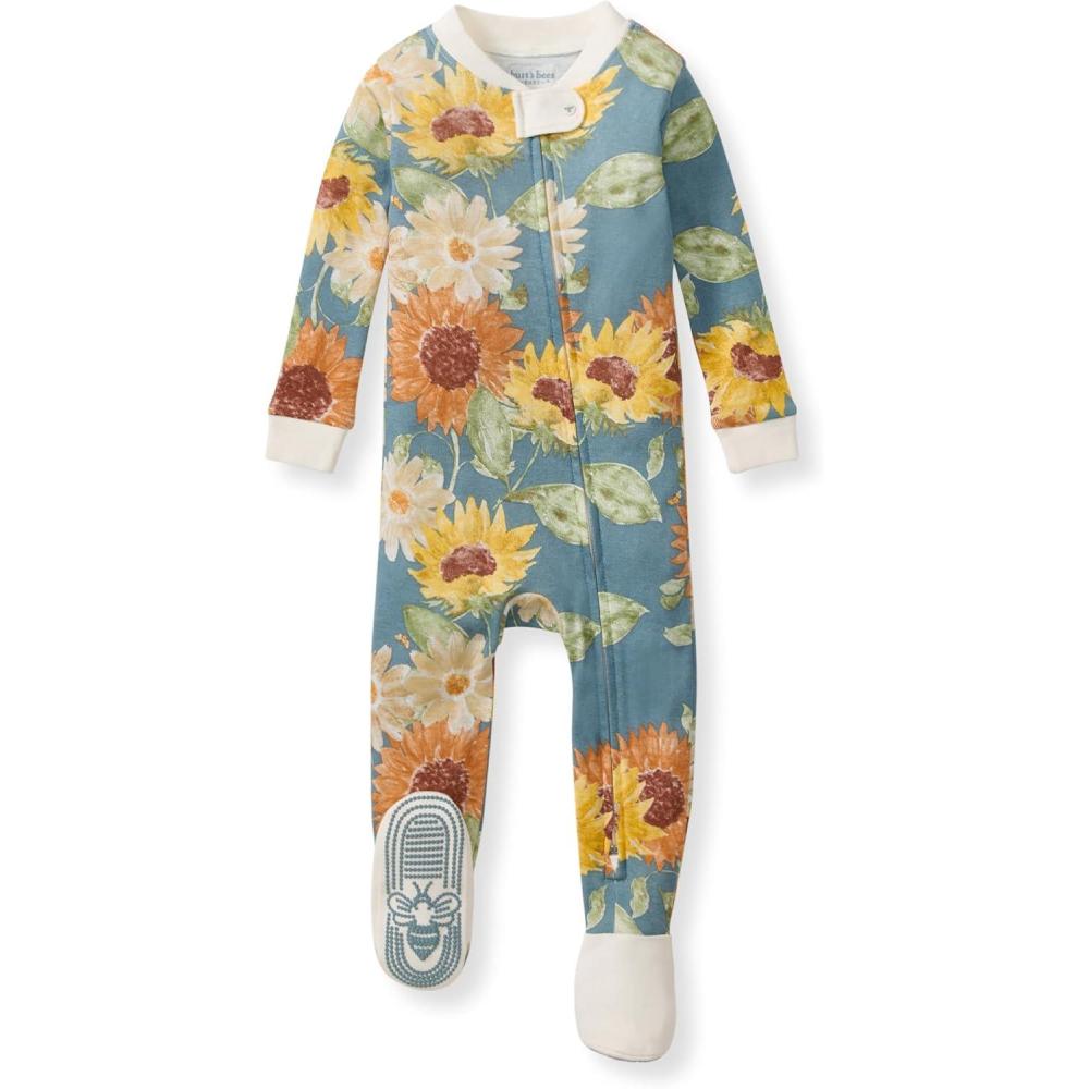 imageBurts Bees Baby Baby Girls Sleeper Pajamas 100 Organic Cotton Onepiece PJs Diagonal Zip Up Jumpsuit Snug Fit FootieSunflowers