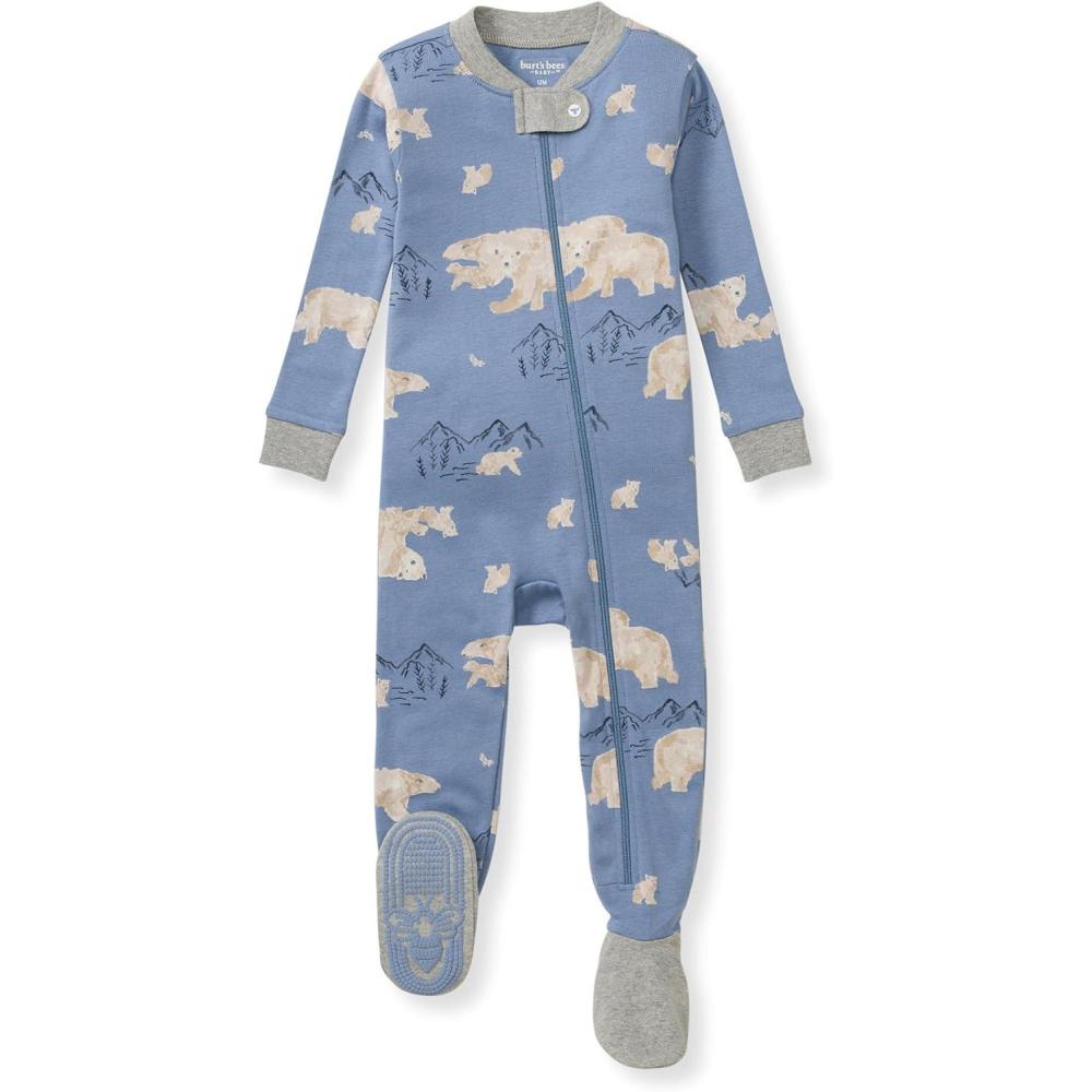 imageBurts Bees Baby Boys Sleep and Play PJs 100 Organic Cotton OnePiece Zip Front Romper Jumpsuit PajamasPolar Mountain Blue