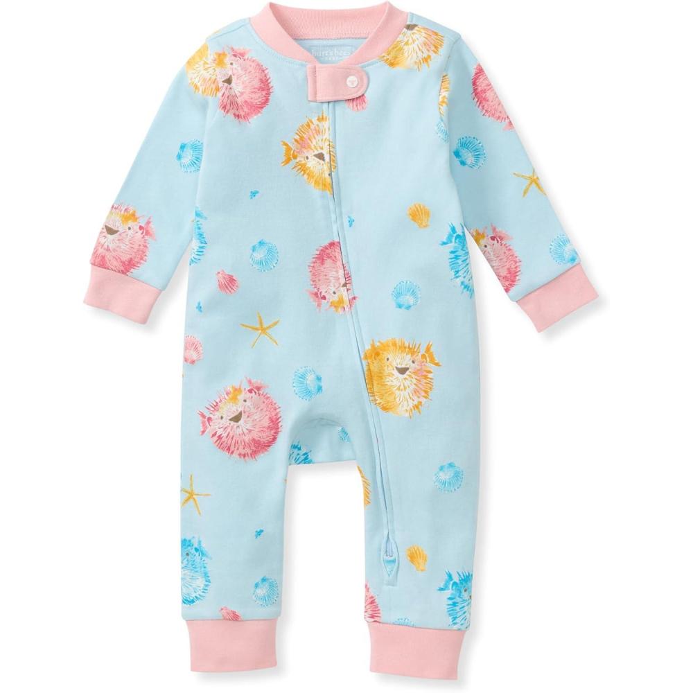imageBurts Bees Baby Boys Sleep and Play PJs 100 Organic Cotton OnePiece Zip Front Romper Jumpsuit PajamasPuffer Fish