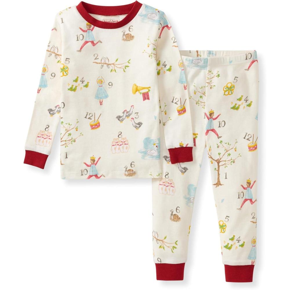 imageBurts Bees Baby Girls Pajamas 2Piece Long Sleeve Tee and Pants Organic Cotton PJ Set12 Days of Christmas