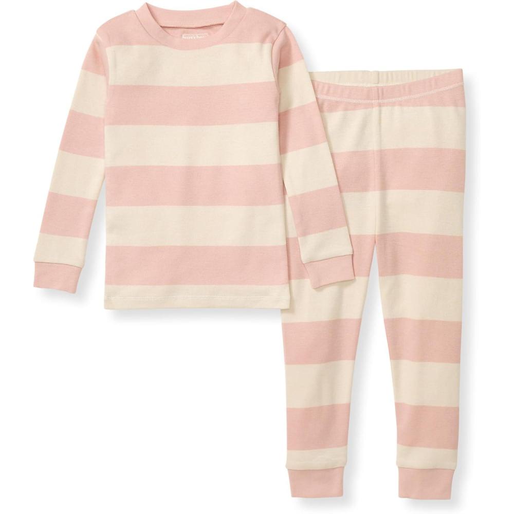 imageBurts Bees Baby Girls Pajamas 2Piece Long Sleeve Tee and Pants Organic Cotton PJ SetPink Sand Rugby Stripe