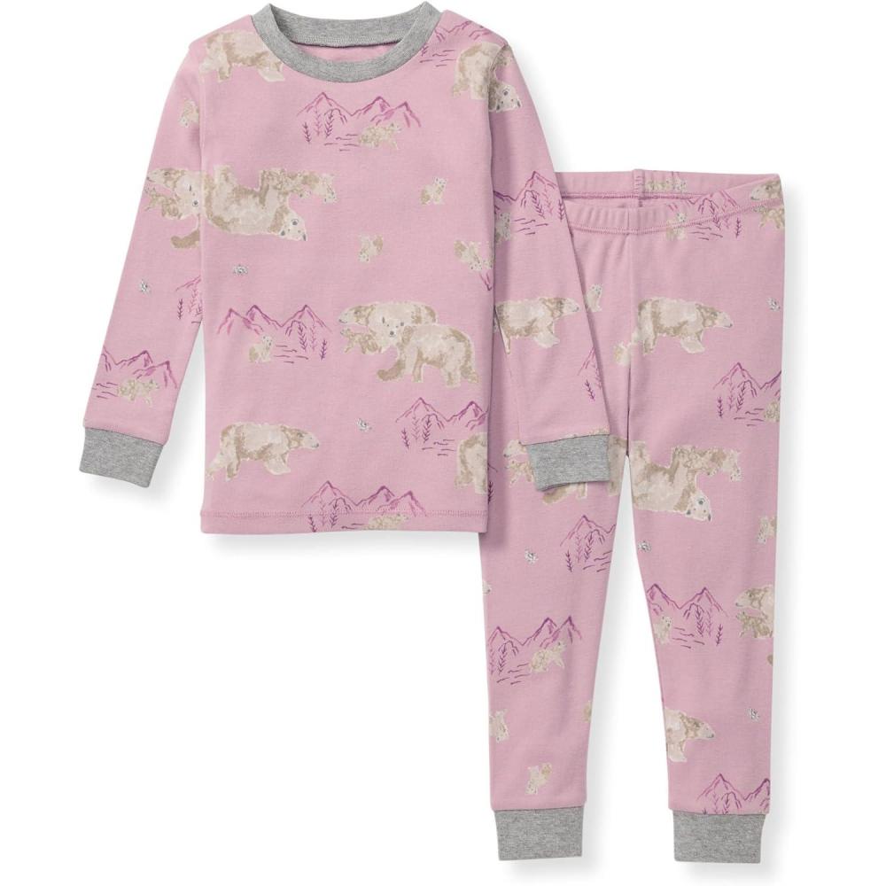 imageBurts Bees Baby Girls Pajamas 2Piece Long Sleeve Tee and Pants Organic Cotton PJ SetPolar Mountain Pink
