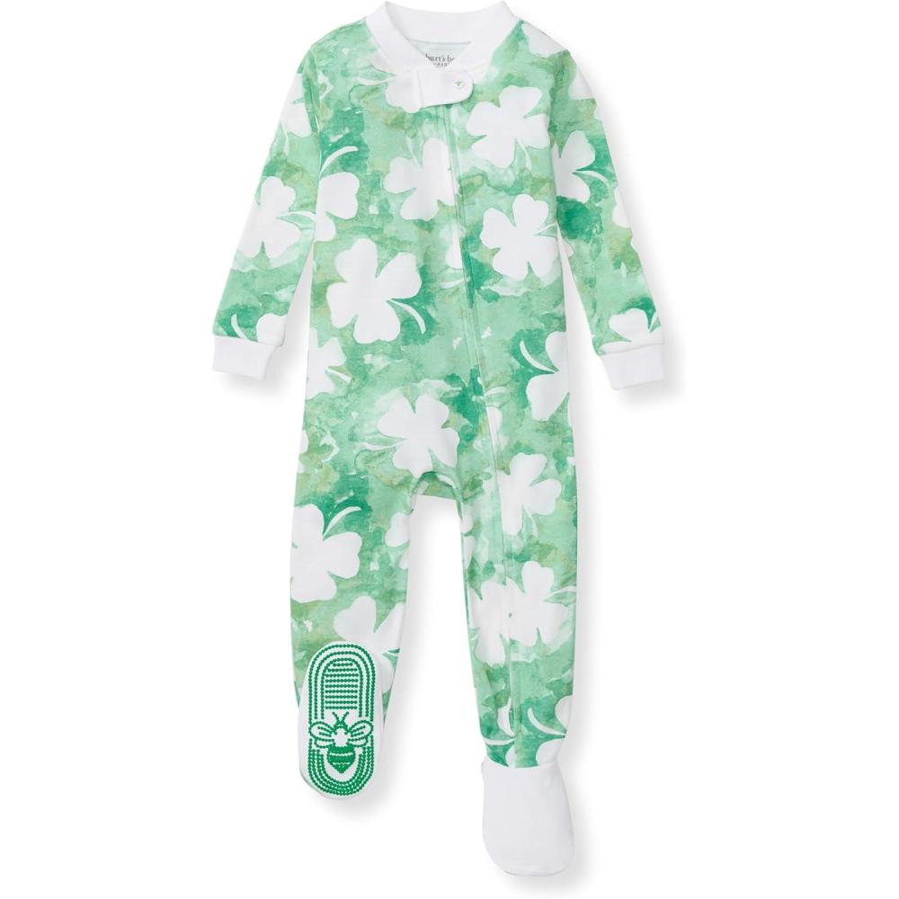 imageBurts Bees Baby babyboys Sleeper Pjs 100 Organic Cotton Onepiece Footie Zip Up Jumpsuit Snug Fit PajamasArtsy Clover