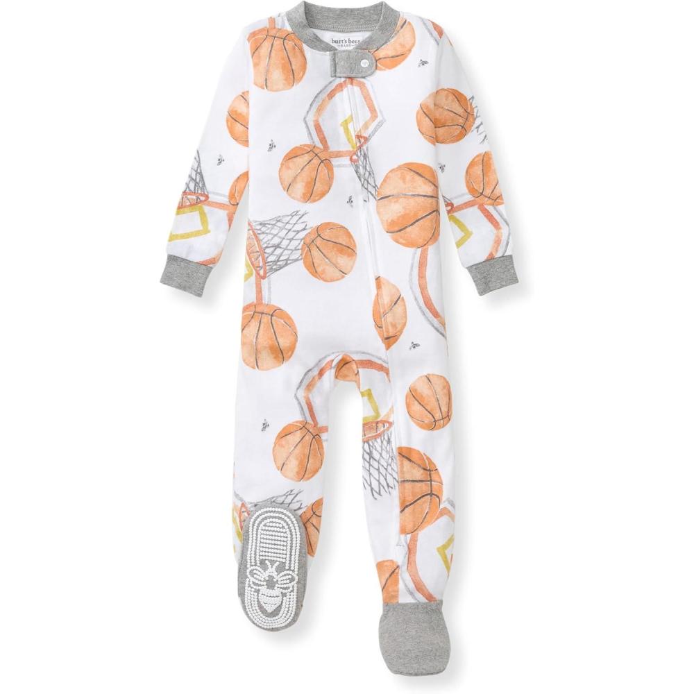 imageBurts Bees Baby babyboys Sleeper Pjs 100 Organic Cotton Onepiece Footie Zip Up Jumpsuit Snug Fit PajamasBasketball