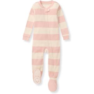 Burt’s Bees Baby Baby Girls Sleeper Pajamas, 100% Organic Cotton, One-piece PJs, Diagonal Zip Up Jumpsuit, Snug Fit Footie(Pink Sand Rugby Stripe)