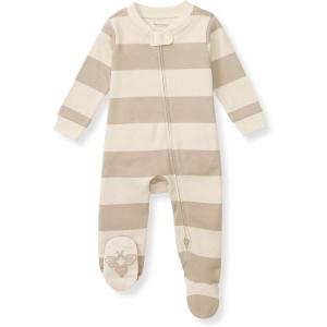 Burt’s Bees Baby Boys Sleep and Play PJs, 100% Organic Cotton One-Piece Zip Front Romper Jumpsuit Pajamas(Oat Rugby Stripe)