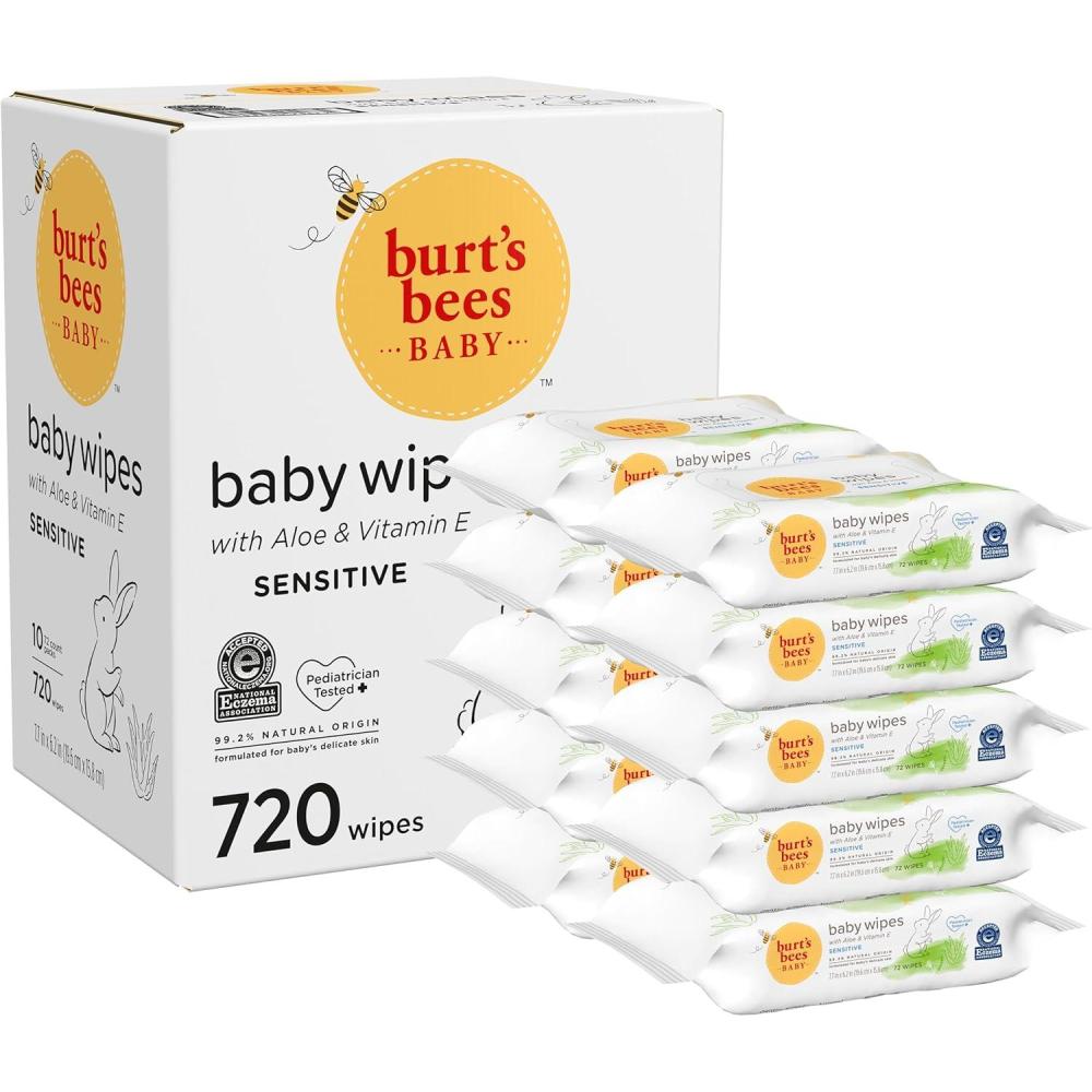 imageBurts Bees Baby Wipes Unscented Natural for Sensitive Skin with Aloe and Vitamin E 72 Baby Wipes 10 PackBaby Wipes