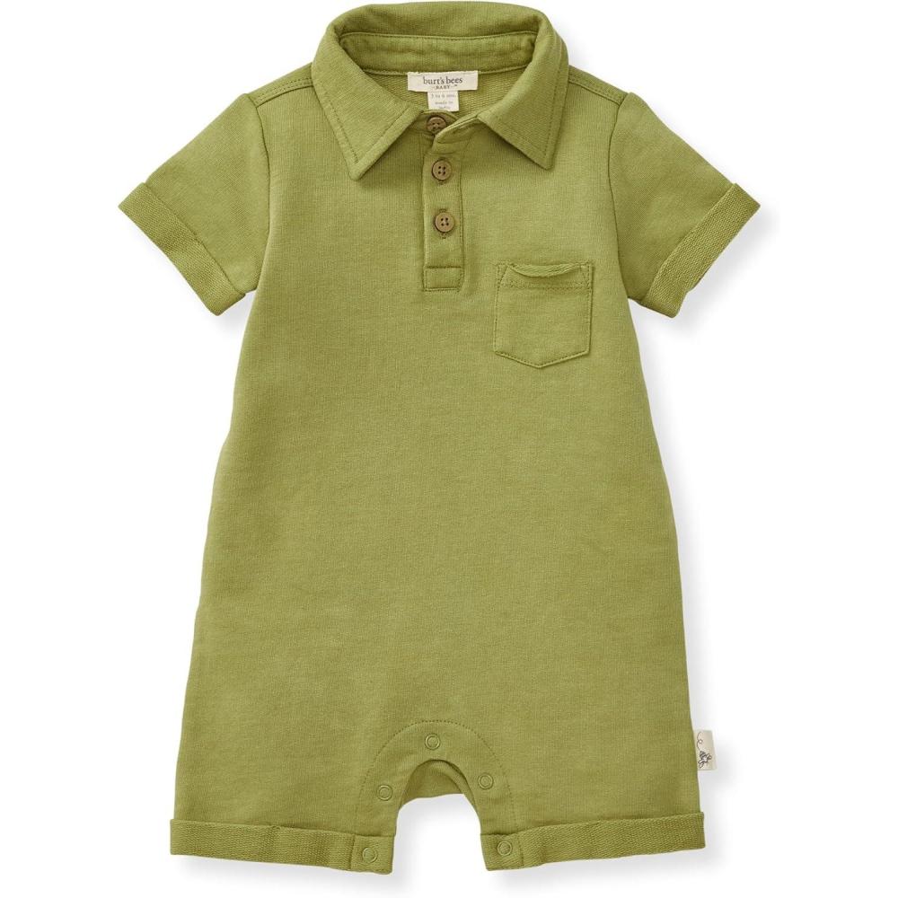 imageBurts Bees Baby babyboys Polo Rompers 100 Organic Cotton Onepiece Coverall and Layette SetIguana Polo