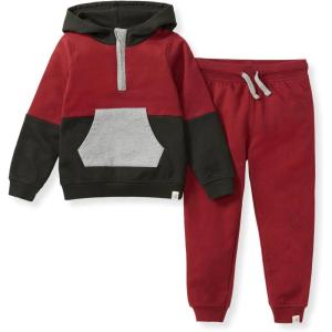 Burt’s Bees Baby Baby Boys Hoodie and Pant Set, Top & Bottom Outfit Bundle, 100% Organic Cotton(Brick Colorblocked)