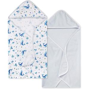 Burts Bees Baby Infant Hooded Towels Little Ducks Organic Cotton, Unisex Bath Essentials and Newborn Necessities, Soft Nursery Towel with Hood Set, 2-Pack Size 29 x 29 Inch(Whale of a Tale)