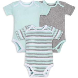 Burt’s Bees Baby Unisex Short Sleeve Organic Cotton Bodysuits, 3-Pack(Green Multi Stripe)