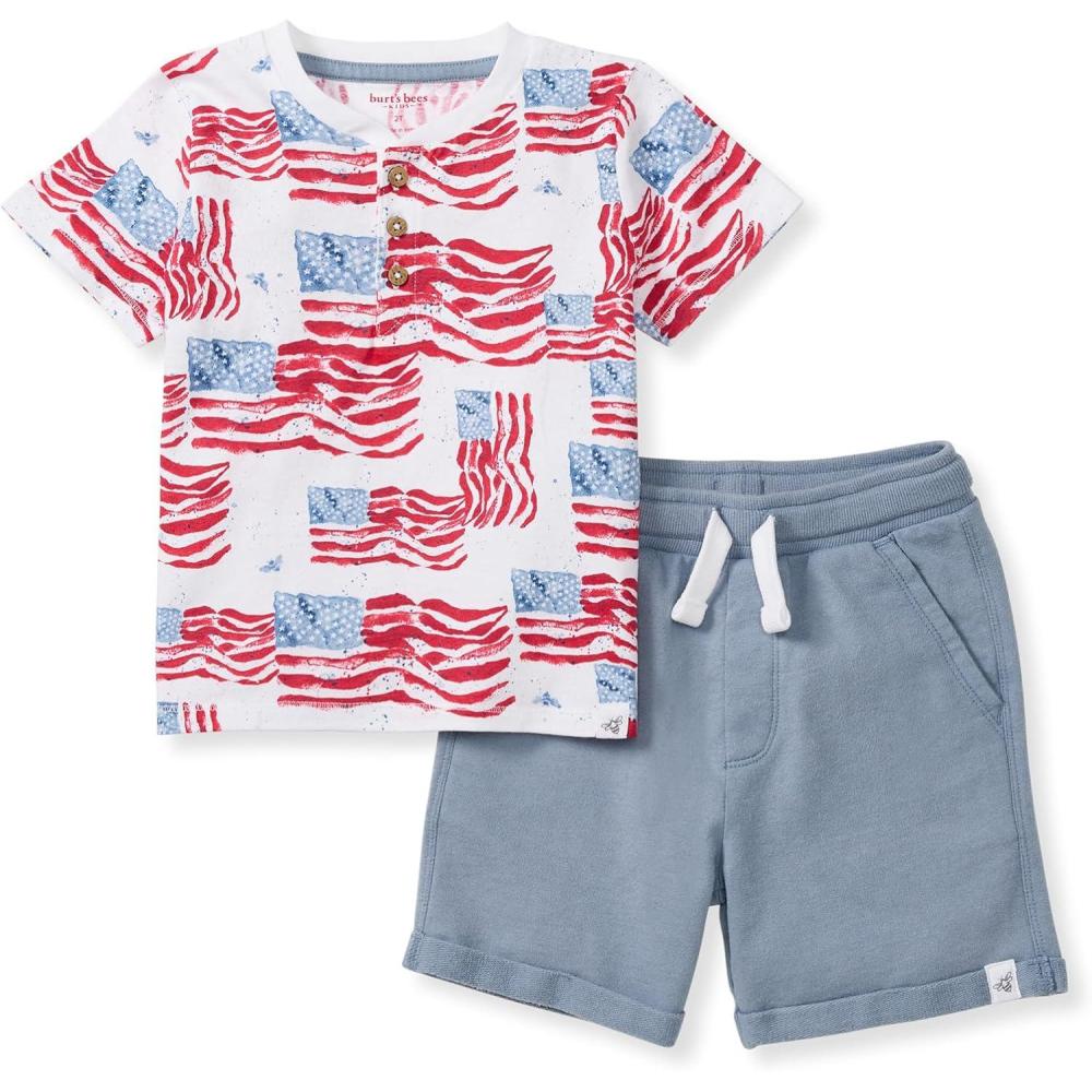 imageBurts Bees Baby babyboys Short Sleeve Shirt and Pant Set Top amp Bottom Outfit 100 Organic CottonMajestic Flags