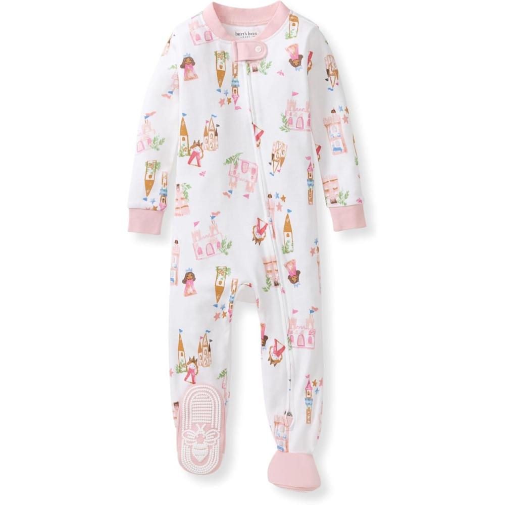 imageBurts Bees Baby Baby Girls Sleeper Pajamas 100 Organic Cotton Onepiece PJs Diagonal Zip Up Jumpsuit Snug Fit FootieFairytale Castle