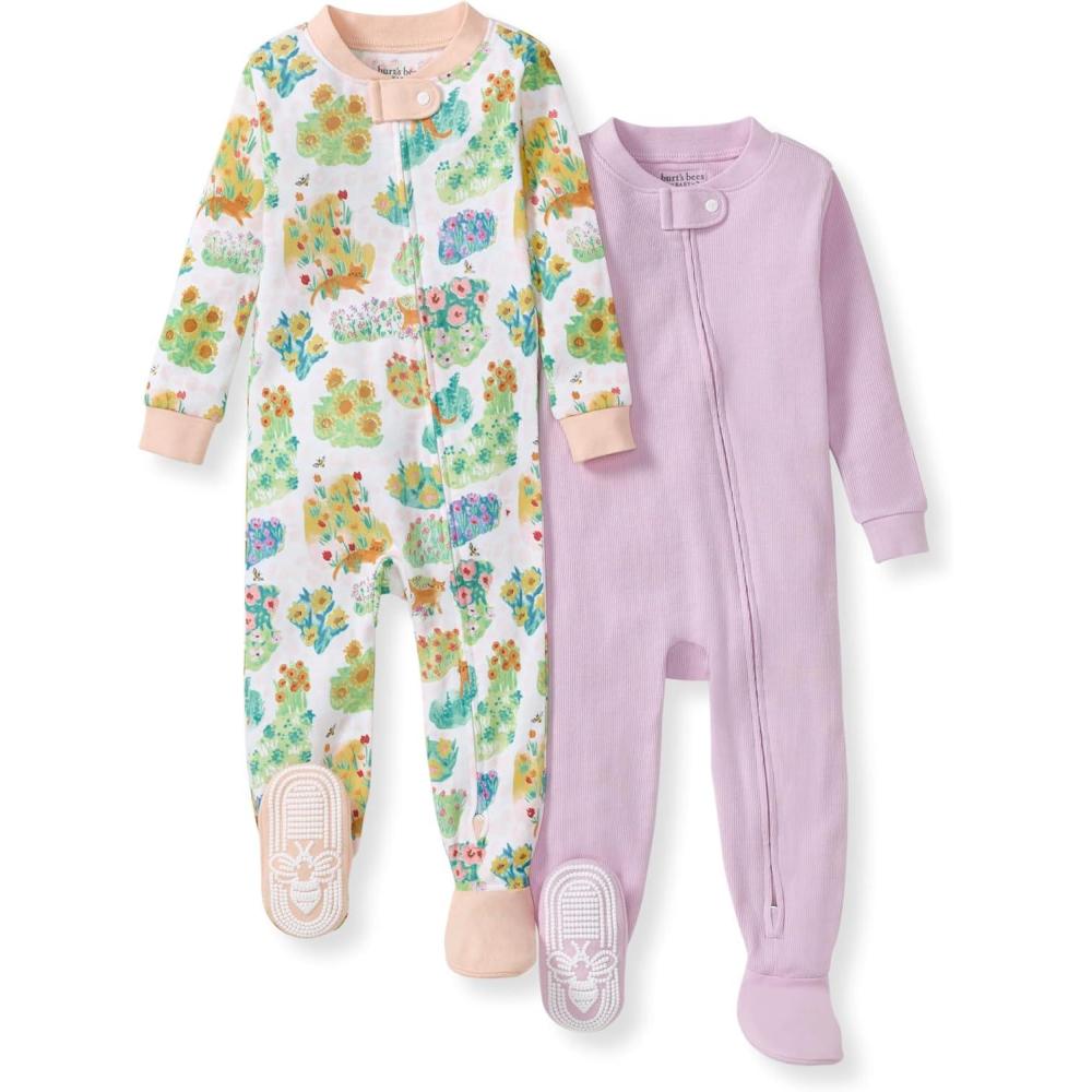 imageBurts Bees Baby Baby Girls Sleeper Pajamas 100 Organic Cotton Onepiece PJs Diagonal Zip Up Jumpsuit Snug Fit FootieGarden Paths