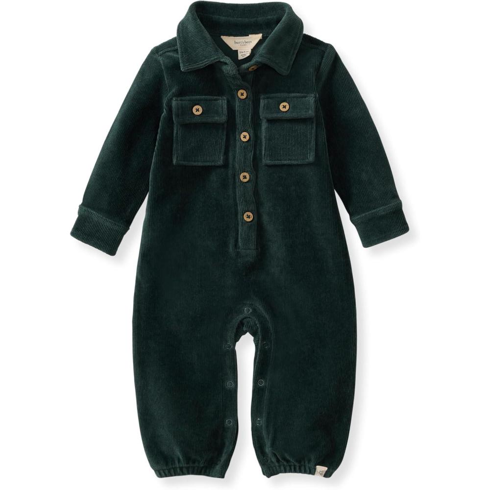 imageBurts Bees Baby Boys Jumpsuit 100 Organic Cotton Onepiece Long Sleeve Button Down CoverallGreen Corduroy