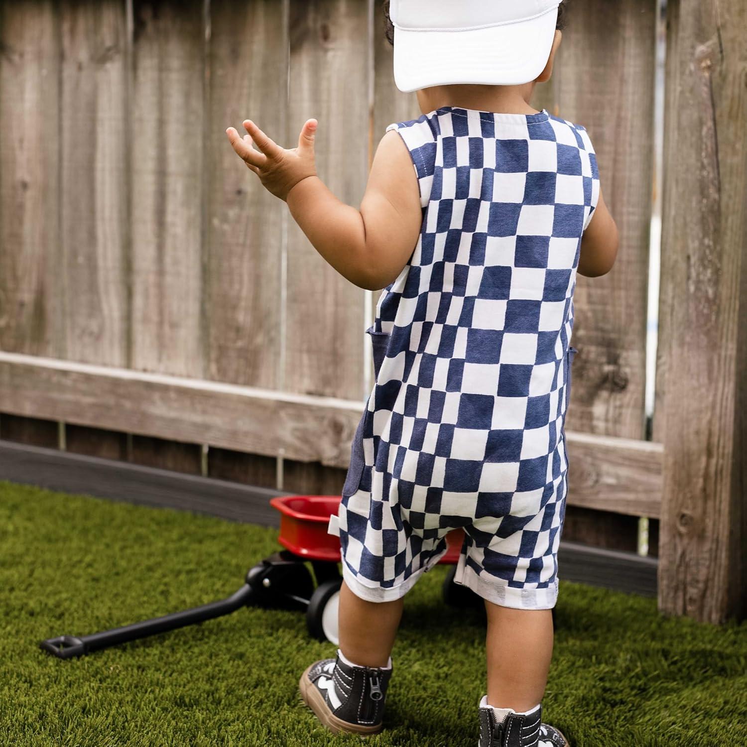 imageBurts Bees Baby babyboys Sleeveless Romper 100 Organic Cotton Onepiece Romper SuitBlue Smoke Check