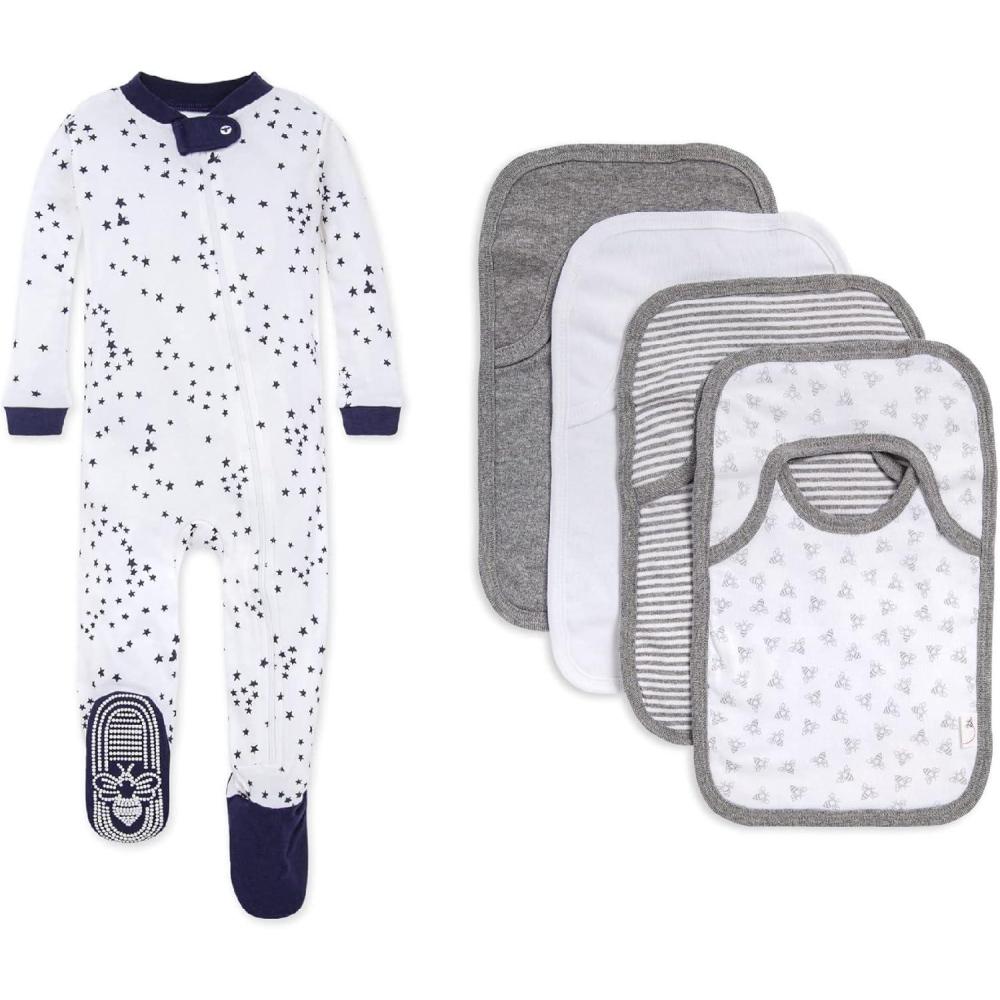 imageBurts Bees Baby babygirls Zipup Footed Sleeper Pj amp Set of Bibs Gift Bundle 100 Organic CottonMidnight Twinkle Bee