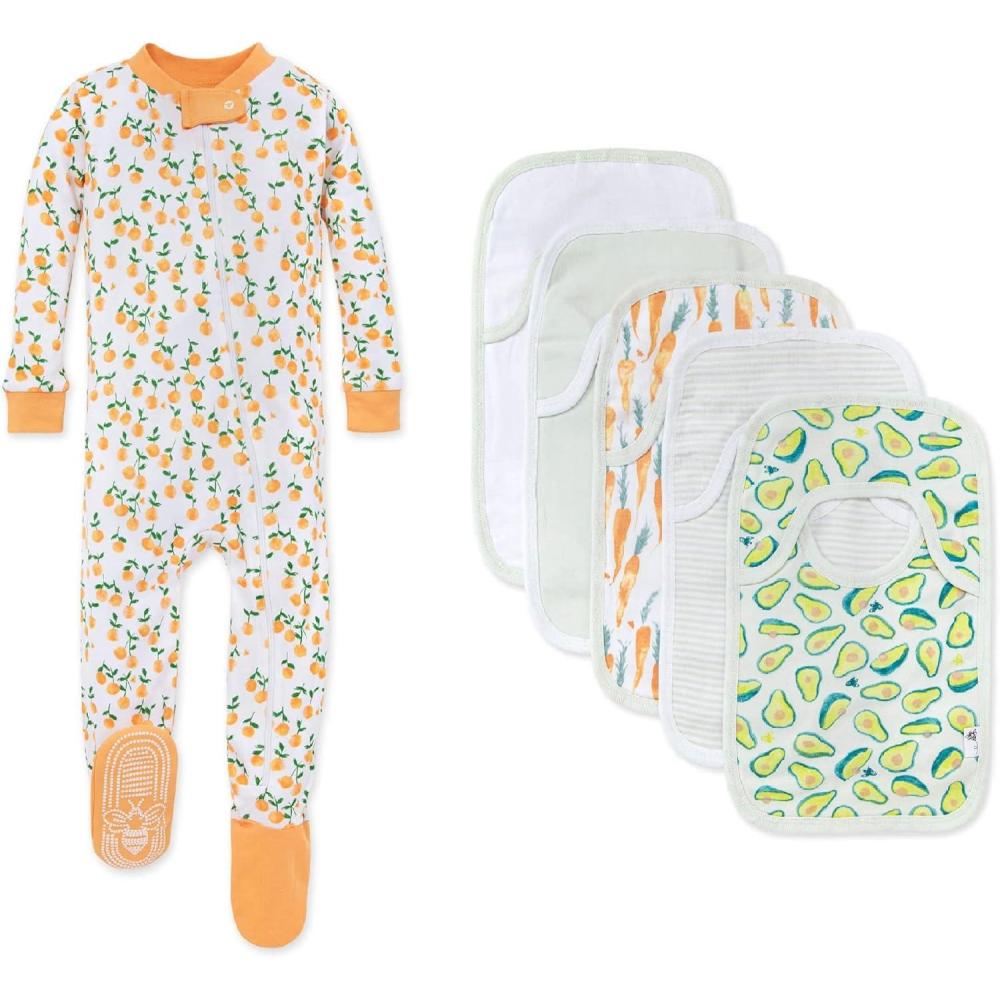 imageBurts Bees Baby babygirls Zipup Footed Sleeper Pj amp Set of Bibs Gift Bundle 100 Organic CottonOranges Avocados Carrots
