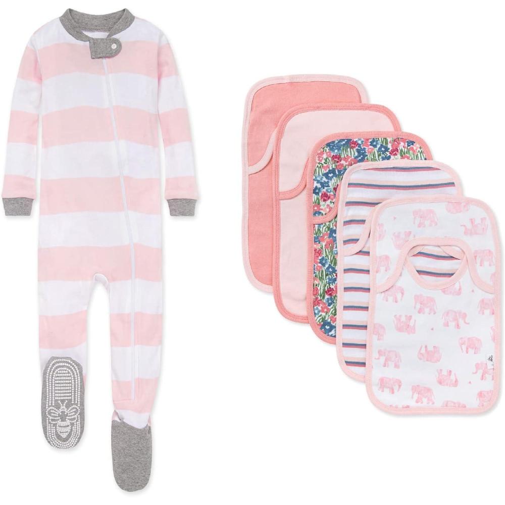 imageBurts Bees Baby babygirls Zipup Footed Sleeper Pj amp Set of Bibs Gift Bundle 100 Organic CottonPink Elephants