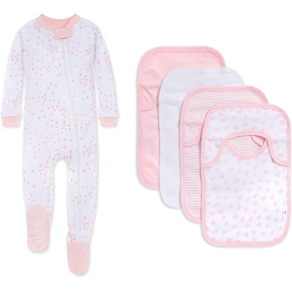 imageBurts Bees Baby babygirls Zipup Footed Sleeper Pj amp Set of Bibs Gift Bundle 100 Organic CottonPink Twinkle Bee