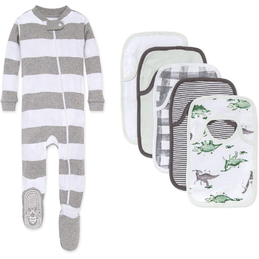 imageBurts Bees Baby babygirls Zipup Footed Sleeper Pj amp Set of Bibs Gift Bundle 100 Organic CottonStripes  Herbivores