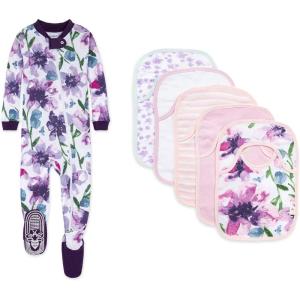 Burt’s Bees Baby baby-girls Zip-up Footed Sleeper Pj & Set of Bibs Gift Bundle, 100% Organic Cotton(Daylily)