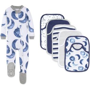 Burt’s Bees Baby baby-girls Zip-up Footed Sleeper Pj & Set of Bibs Gift Bundle, 100% Organic Cotton(Hello Moon)