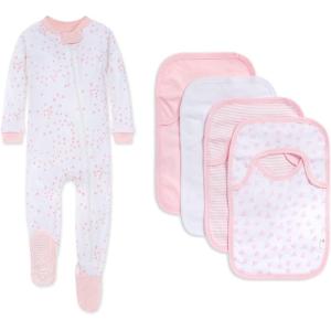 Burt’s Bees Baby baby-girls Zip-up Footed Sleeper Pj & Set of Bibs Gift Bundle, 100% Organic Cotton(Pink Twinkle Bee)