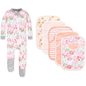 Burt’s Bees Baby baby-girls Zip-up Footed Sleeper Pj & Set of Bibs Gift Bundle, 100% Organic Cotton(Succulents)